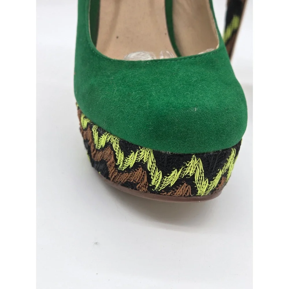 Modesta Mary Jane Platform Heels 6.5 Green Embroidered Zig‎ Zag Womens Pumps